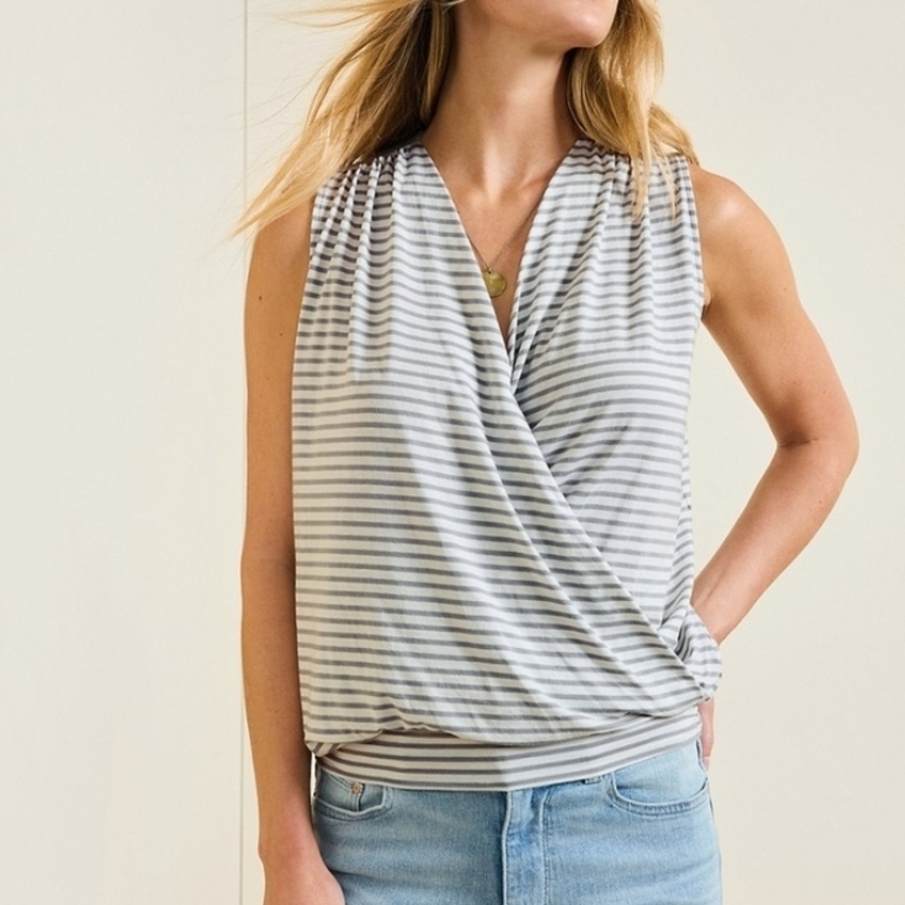 Striped Sleeveless Wrap Top - Black And Cream Stripe